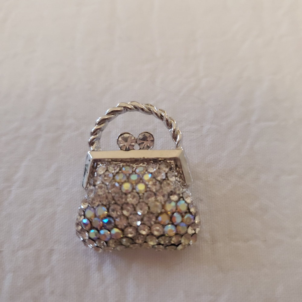 Elegant Silver-toned Crystal Women Purse Bag Brooch